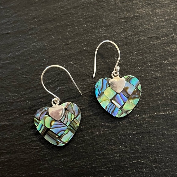 Abalone Shell Sterling Silver 925 Heart French Hook Earrings - Picture 2 of 13